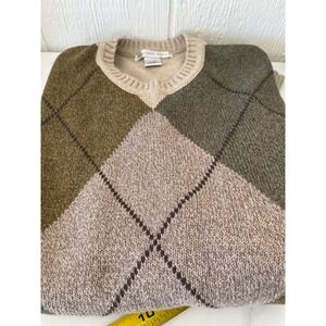 Vintage GEOFFREY BEENE Mens L G Argyle V‎ Neck Sweater 100% Cotton Tan Green